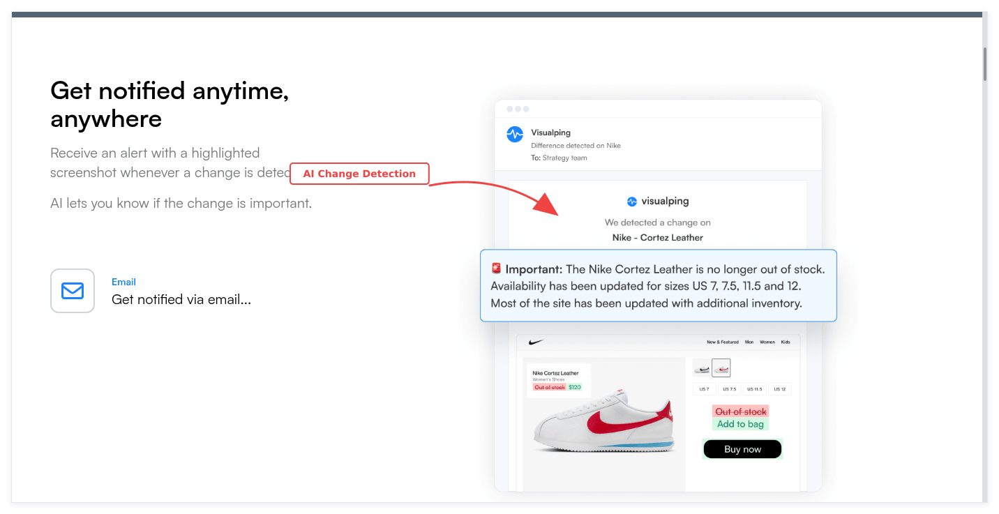 Visualping website change monitoring dashboard