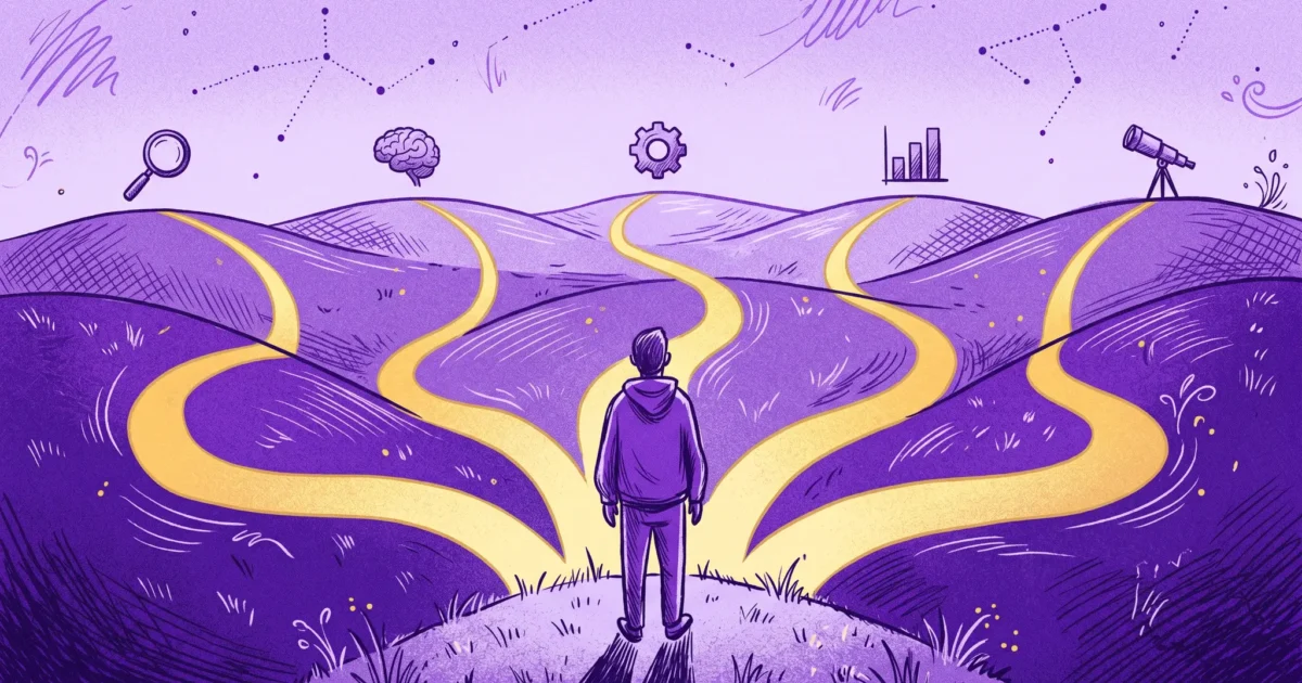 A hand-drawn illustration of a person standing on a hill, looking out at five glowing gold paths that fan out across purple rolling hills toward different competitive intelligence tool icons on the horizon — a magnifying glass, a brain, a gear, a bar chart, and a telescope.