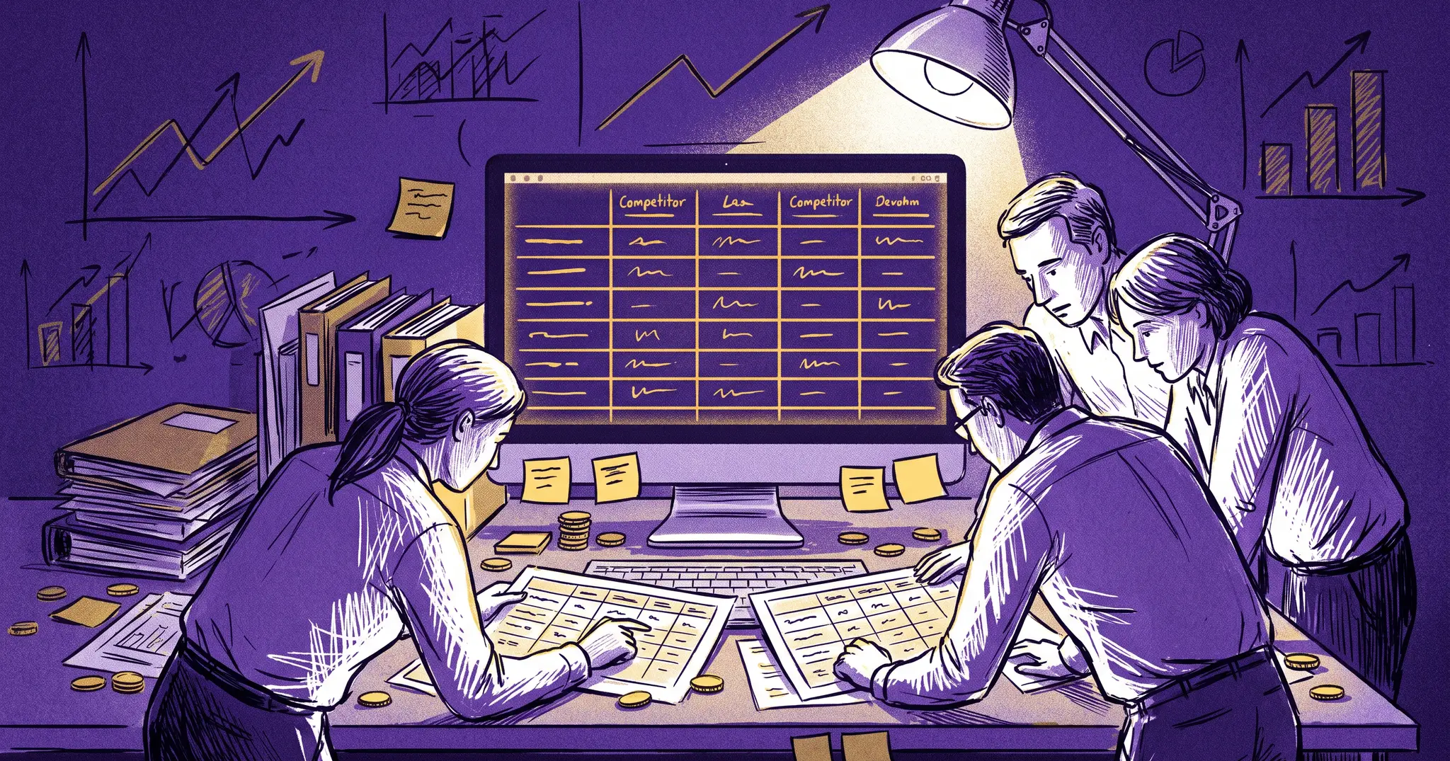 Three analysts studying a competitor analysis grid on a large monitor surrounded by printed comparison sheets—editorial illustration in deep purple and gold.