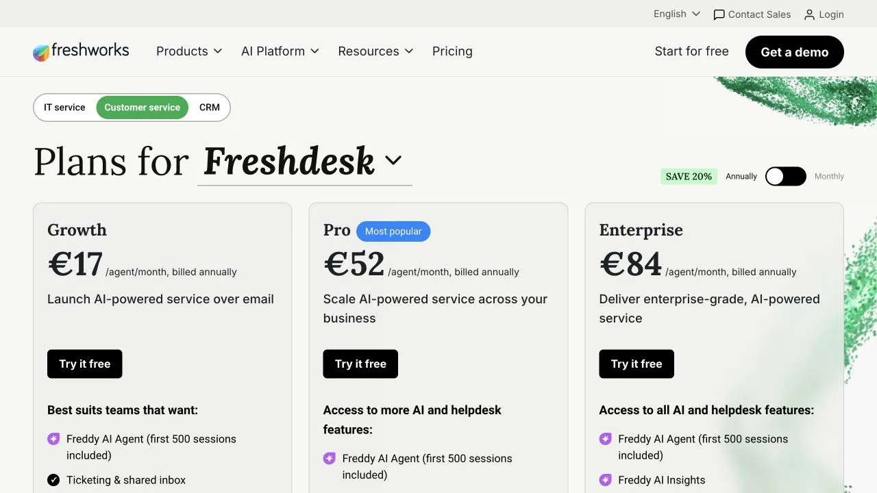 Freshdesk pricing page showing Growth, Pro and Enterprise plans in European localization