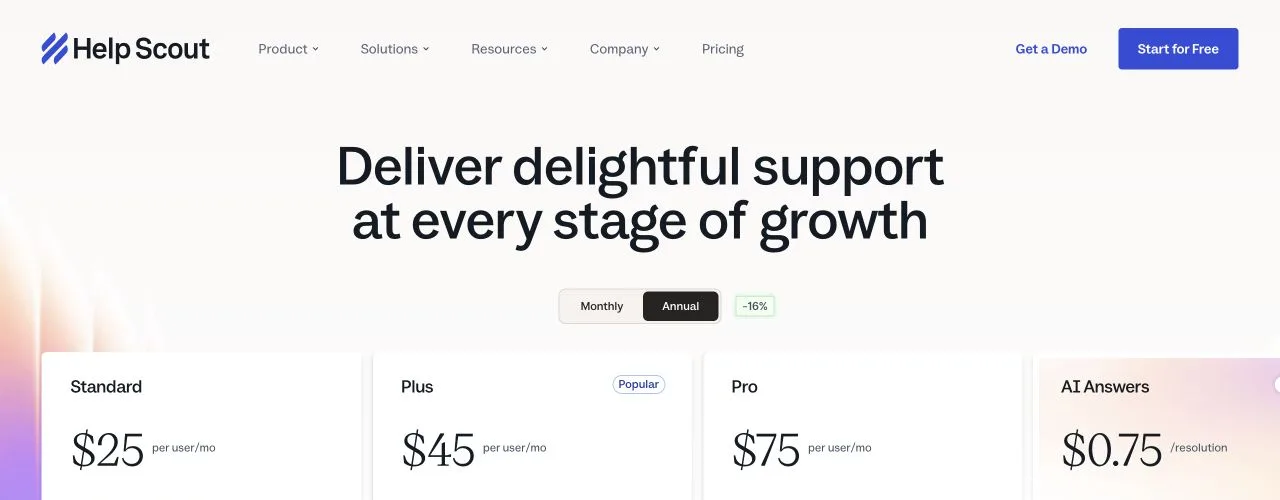 Help Scout pricing page showing Standard, Plus, Pro and AI Answers prices