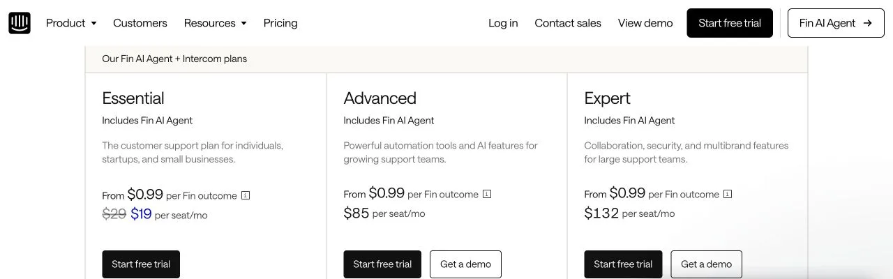 Intercom pricing page showing Essential, Advanced and Expert plans plus Fin outcome pricing