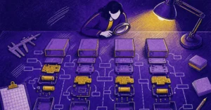 Editorial illustration of an analyst taking four competing products apart on a workbench