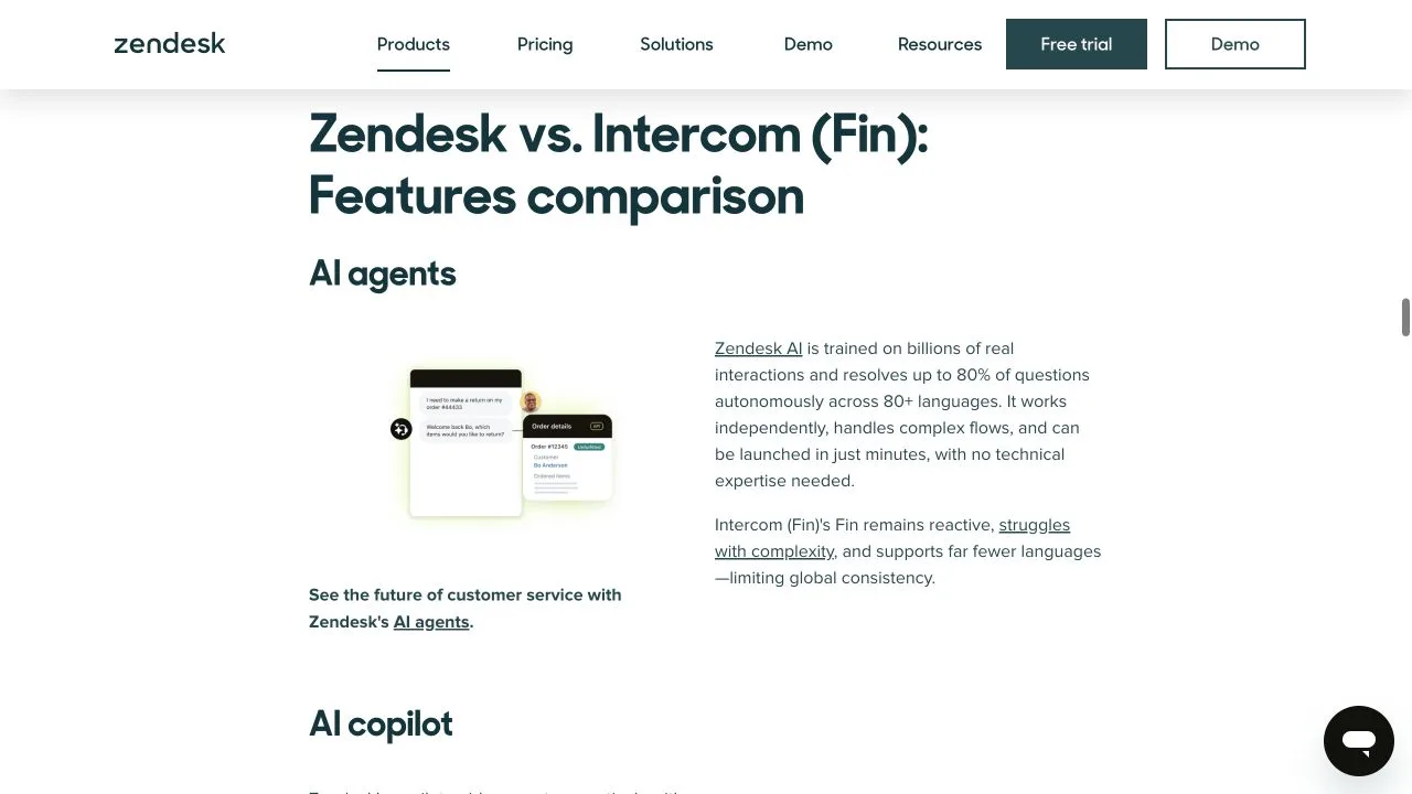Zendesk AI agents comparison section with a screenshot of the product interface