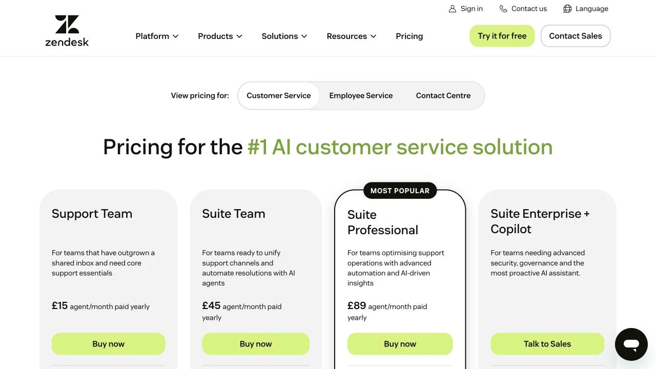 Zendesk UK pricing page showing Support Team, Suite Team and Suite Professional plans
