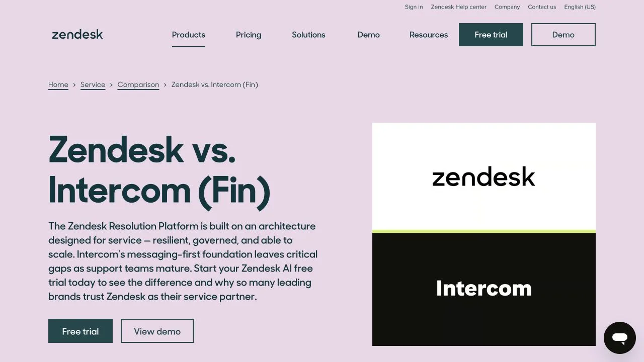 Official Zendesk versus Intercom comparison page used to confirm the competitive shortlist
