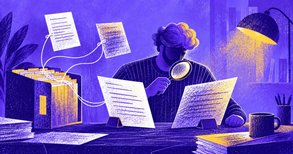 Purple and gold editorial illustration of an analyst comparing competitor evidence while keeping the source documents attached.