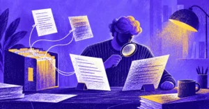 Purple and gold editorial illustration of an analyst comparing competitor evidence while keeping the source documents attached.
