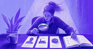 Analyst examining evidence cards and recording questions in a source notebook