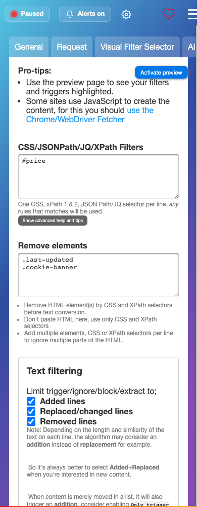 changedetection.io filters include #price and remove .last-updated and .cookie-banner in a paused local setup.