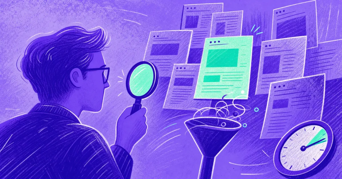 Competitor monitoring tools illustrated through a magnifying glass, page signals and a clock.