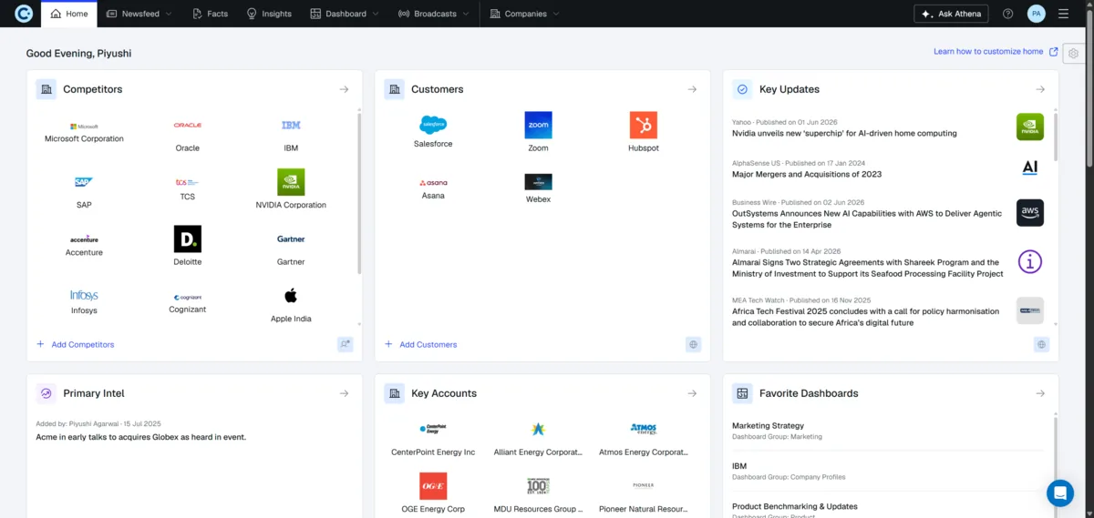 Contify application Home view with monitored companies and key updates