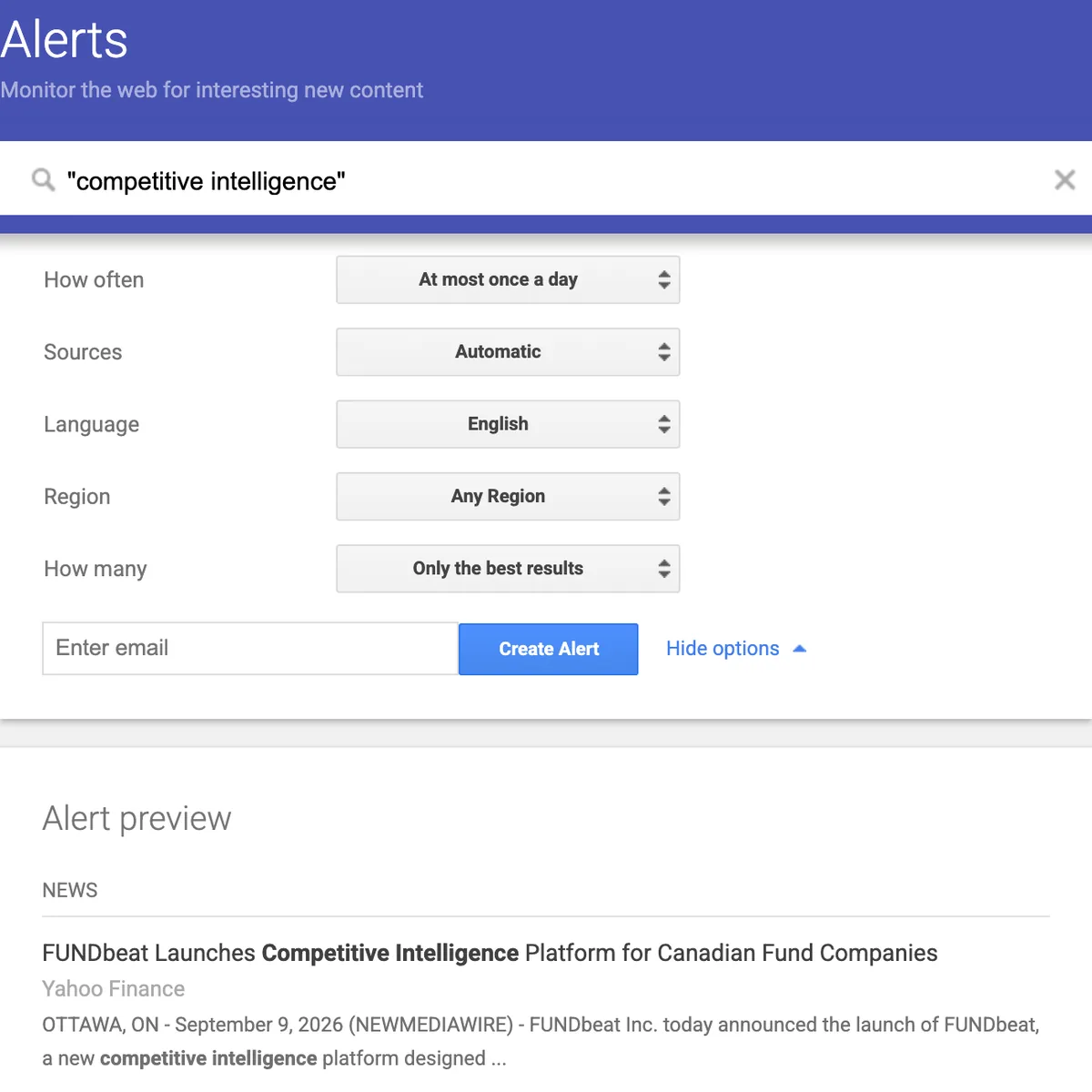 Google Alerts query options and matching-results preview