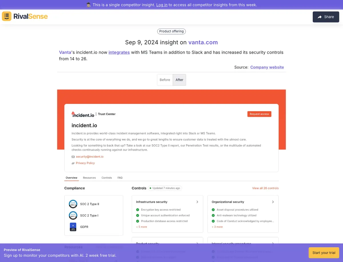 RivalSense public viewer showing a historical insight with source and comparison controls
