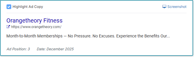 Orangetheory ad with the December 2025 date and Highlight Ad Copy control, cropped from the full vendor image