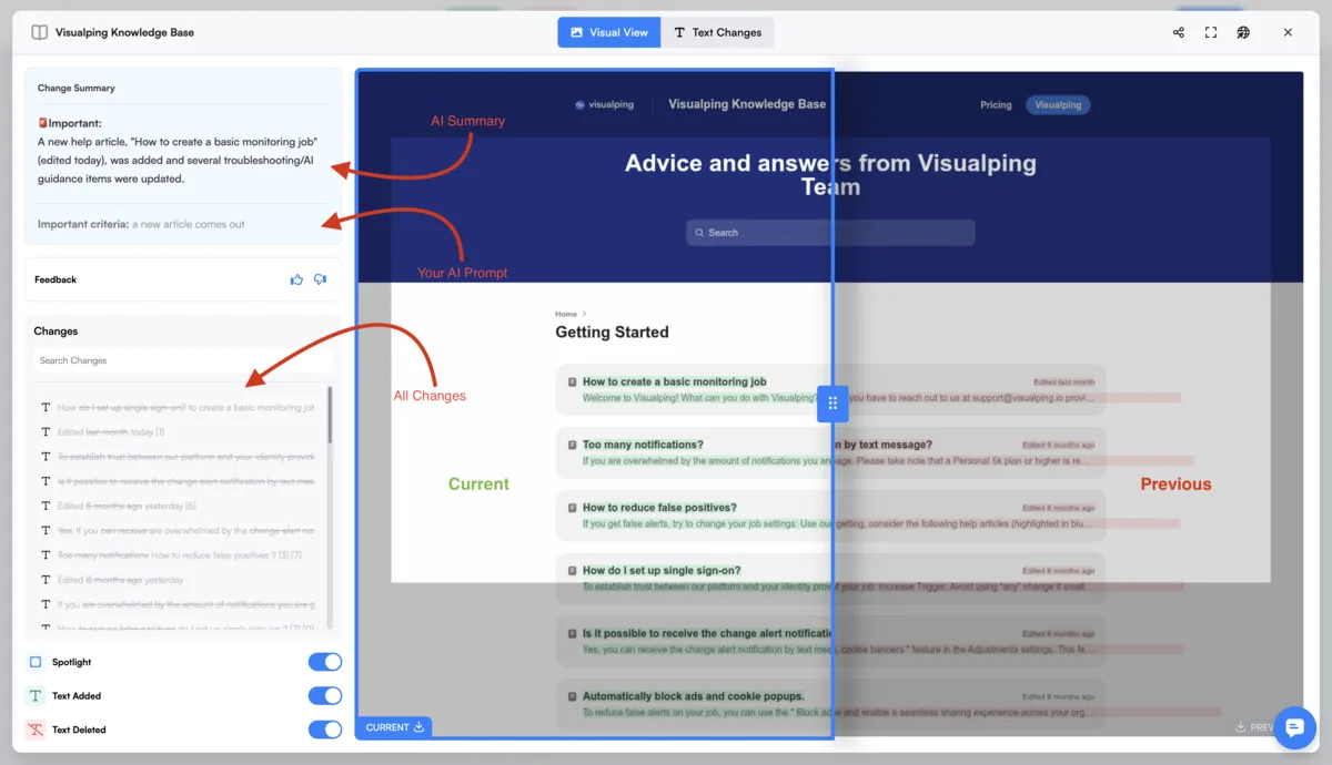Visualping vendor example of a change summary